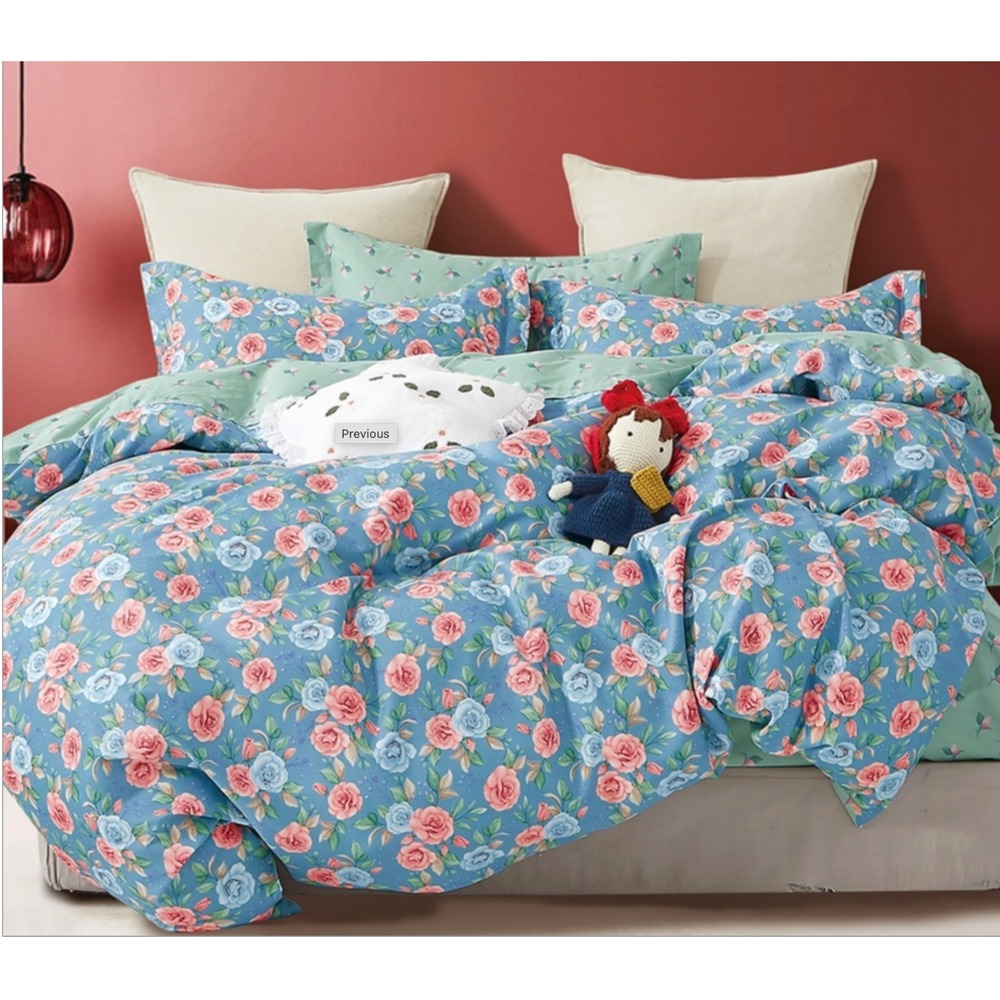 Blue Donau Rose Cotton Reversible Comforter Set Floral Shabby Chic Cottagecore